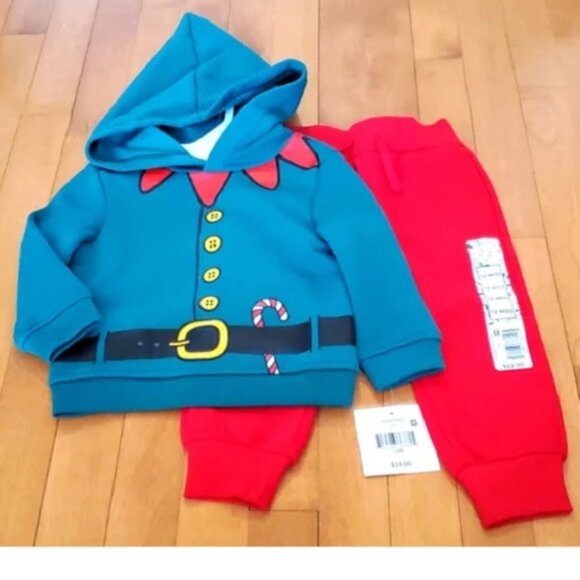 Baby Boys Girls Christmas Elf Hoodie Sweatshirt & Jogger Pants Size 12 18 mo NWT - Picture 1 of 3